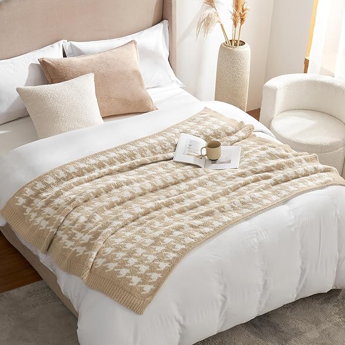 Snuggle Sac Throw Blanket for Couch, Reversible Super Soft Warm Blankets Cozy Knit Fuzzy Plush Lightweight Throws for Sofa, Bed, Camping,Houndstooth Beige,50x60 inches-Ruum Studio Home