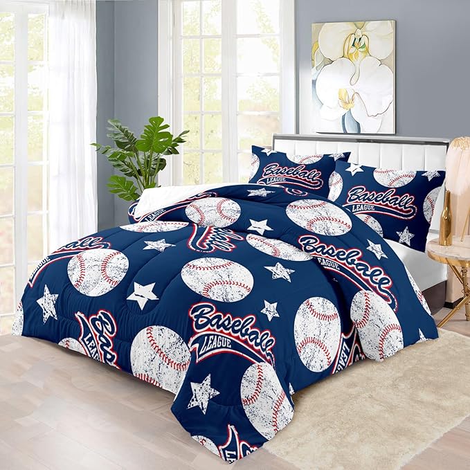 Baseball Comforter Set Twin,Sports Bedding Sets for Boys,Blue Sports Comforter Twin Bedroom Decor,Baseball Bedding Teen for All Seasons,Blue Quilt Kids Bedroom Decor-Ruum Studio Home