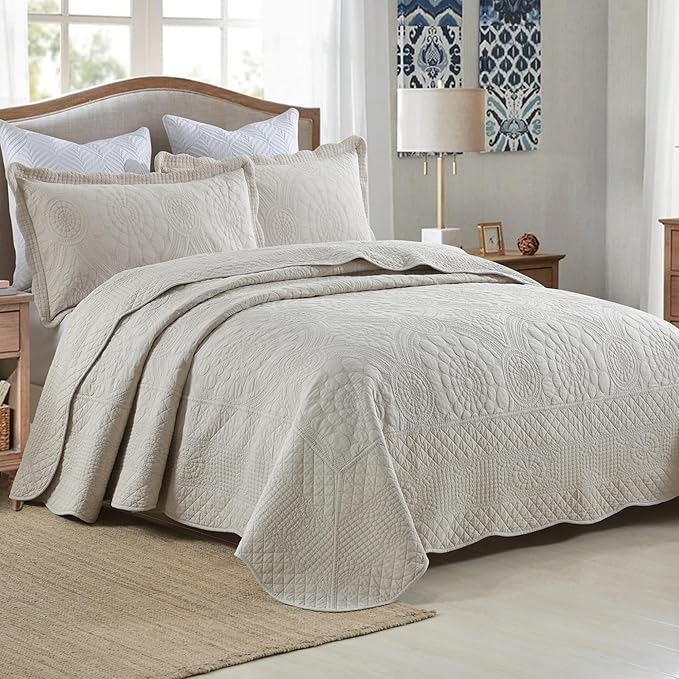 MarCielo 3-Piece 100% Cotton Oversized Bedspread Lightweight Quilt Coverlet Embroidery Farmhouse Bedding (Tf Khaki Beige, Oversized King (118"x106"))-Ruum Studio Home