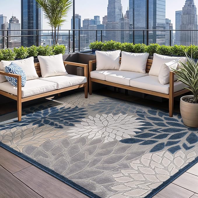 Beverly Rug Outdoor Rug 6x9 Modern Floral Tropical Area Rugs for Indoor and Outdoor Patio Easy to Clean Non Shedding Living Room Porch Garden Washable Outside Carpet (6 x 9 Blue)-Ruum Studio Home
