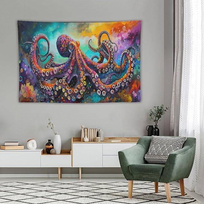 Octopus Tapestry Octopus Tapestries Ocean Navy Coastal Fabric Wall Hanging Aesthetic Space Indoor Outdoor Wall Art Tablecloth Bedspread for Bedroom Dormitory Living Room Home Decor 40"x60"-Ruum Studio Home