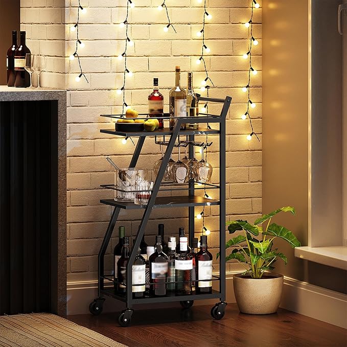 Bar Cart, Bar Cart for The Home, Small Bar Cart on Wheels, Beverage Cart, Home Bar Serving Cart with Glass Holder, Drink Cart for Bar, Kitchen, Dining, Marble Black and Black BC03BM-Ruum Studio Home