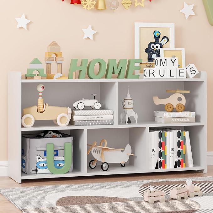 Book Shelf, 5 Cubes Storage Organizer, Open Shelf Wooden Bookcase, Freestanding White Bookshelf Cube Shelf for Bedroom, Living Room, Home Office-Ruum Studio Home