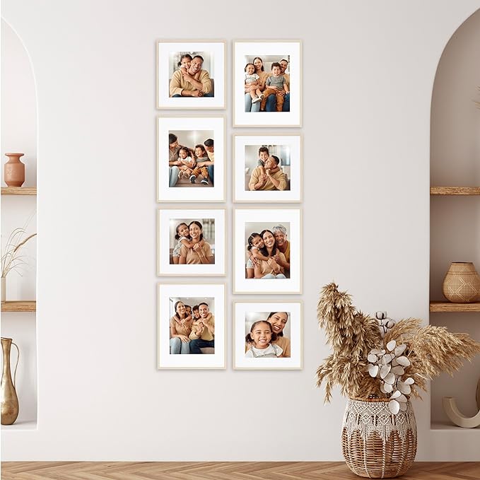 Camden Reed Arcadia 8 Piece Oversized Gallery Wall Frame, 11x14 and 11x11 inch matted frames for featuring 8x10 and 8x8 Inch Photographs or Art Prints, Natural Finish-Ruum Studio Home