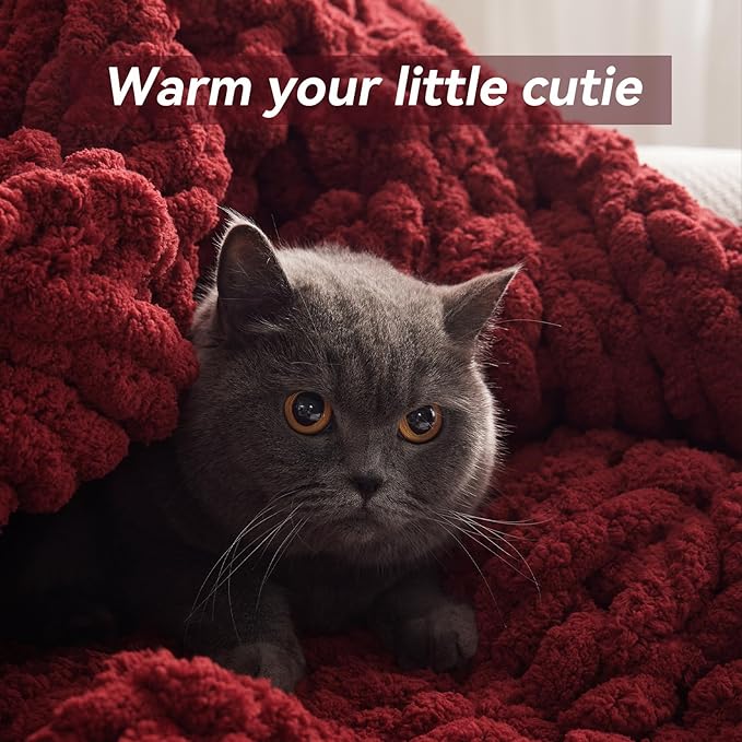 Chunky Knit Throw Blanket, 30''*40'' Knitted Throw Chenille Yarn for Bed Couch, Handmade Red Crochet Big Thick Blanket, Machine Washable Cute Comfy Blanket for Home Decor-Ruum Studio Home