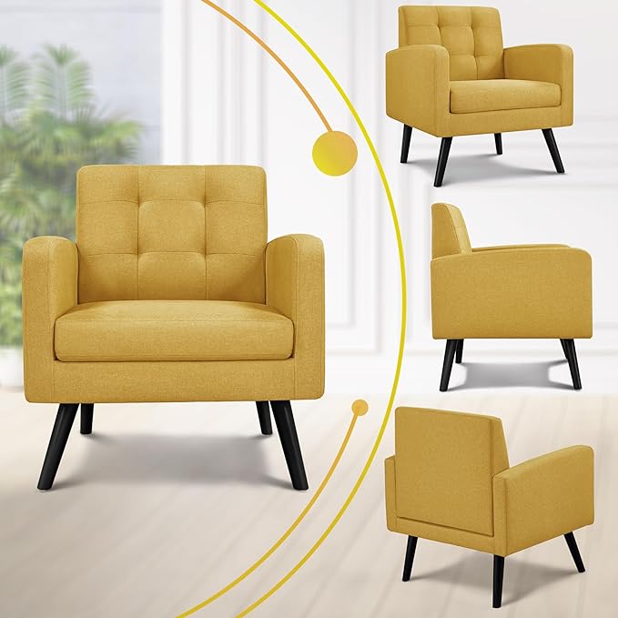 Yaheetech Mid-Century Accent Chairs, Modern Upholstered Living Room Chair, Cozy Armchair Button Tufted Back and Wood Legs for Bedroom/Office/Cafe, Set of 2, Yellow-Ruum Studio Home