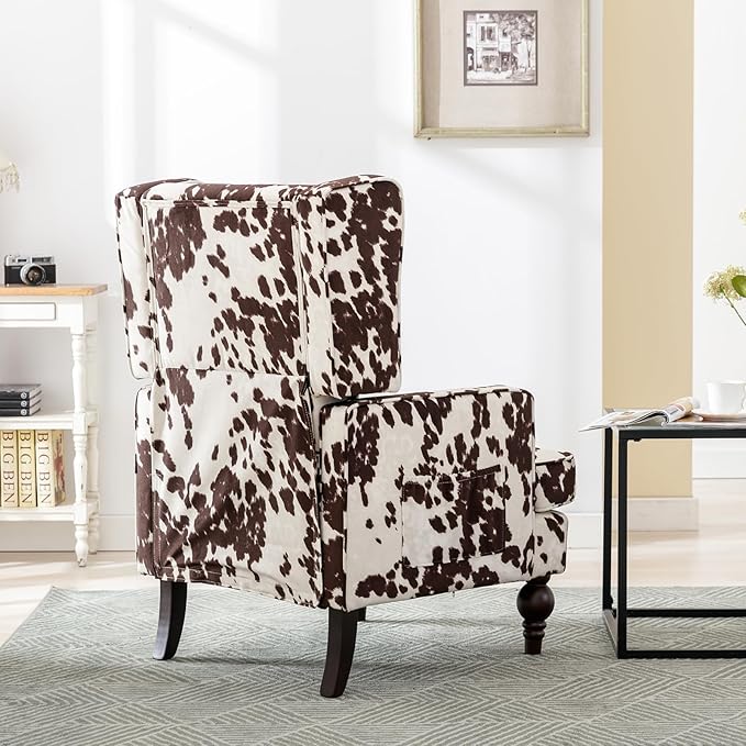 DUOMAY Tufted Accent Chair, Modern Upholstered Wingback Side Arm Chair for Living Room Bedroom with Wood Legs, Comfy Reading Guest Chair for Office, Milk Cow/Brown-Ruum Studio Home