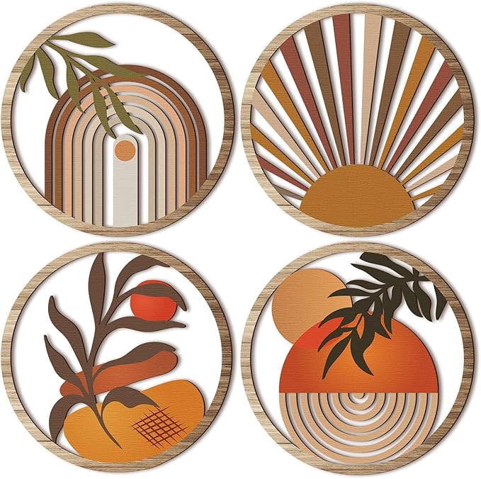 Qunclay 4 Pieces Boho Wall Art Wooden Bohemian Wall Decor Hanging Art Nursery Decor Farmhouse Geometric Hanging 10 Inch Aesthetic Wood Minimalist for Apartment Bedroom(Stylish)-Ruum Studio Home