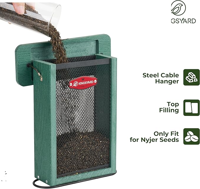 Kingsyard Metal Mesh Bird Feeder for Outdoors Hanging, Finch Feeder for Nyjer/Thistle, Sliding Mesh & Built-in Perch, Recycled Plastic, Green-Ruum Studio Home