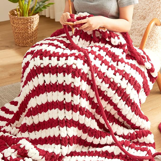 Amélie Home Chunky Knit Blanket Throw, Thick Soft Yarn Chunky Throw 50x60, Handmade Chenille Cable Knitted Crochet Throw Blanket, Warm Rope Knot Blanket for Couch Bed Sofa, Red White Stripe-Ruum Studio Home