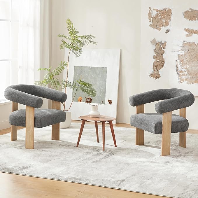 VKNOW Accent Chair Living Room Chair Set of 2, Modern Upholstered Armchair with Solid Wood Legs, Comfy Barrel Arm Chairs for Living Room Bedroom, Dark Grey-Ruum Studio Home