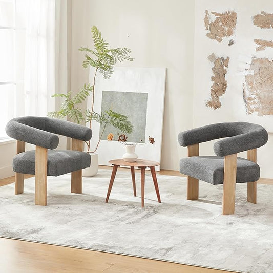 VKNOW Accent Chair Living Room Chair Set of 2, Modern Upholstered Armchair with Solid Wood Legs, Comfy Barrel Arm Chairs for Living Room Bedroom, Dark Grey-Ruum Studio Home