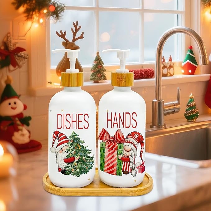 Hexagram Christmas Soap Dispenser Set of 2, Christmas Kitchen Decor, Xmas Gnomes Glass Soap Dispenser for Home Indoor Decorations, Xmas Refillable Lotion Essential Oil Dispensers with Pump-Ruum Studio Home