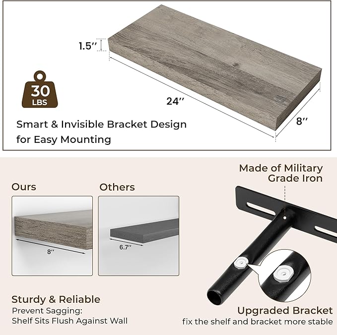 RICHFOCUS 24Inch Floating Shelves for Wall 2 Pack Shelves for Bedroom|Kitchen|Bathroom Wall Mounted Rustic Wood Floating Shelf with Invisible Brackets for Books|Storage|Decor, Grey-Ruum Studio Home