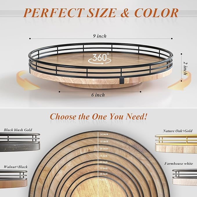 9" Oak Wood Lazy Susan Turntable Organizer for Cabinet, Round Wooden Farmhouse Lazy Susan Organization and Storage for Dining Table, Pantry, Kitchen, Countertop, Cupboard,Home Decor-Ruum Studio Home
