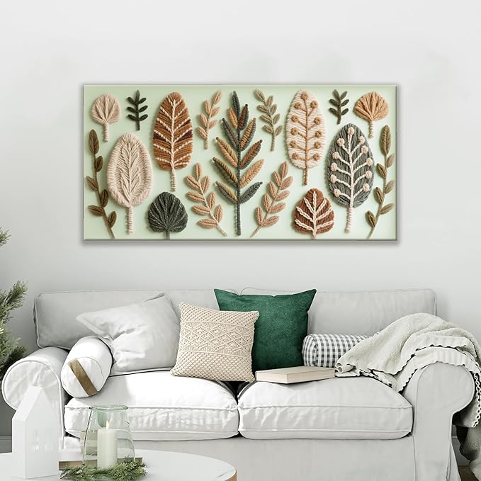 Boho Wall Art Chic Home Wall Art Modern Multicolor Painting Prints Leaves Feather Green Canvas Wall Art Decor For Living Room Bedroom Apartment Kitchen 24"W X 48"L Ready To Hanging-Ruum Studio Home