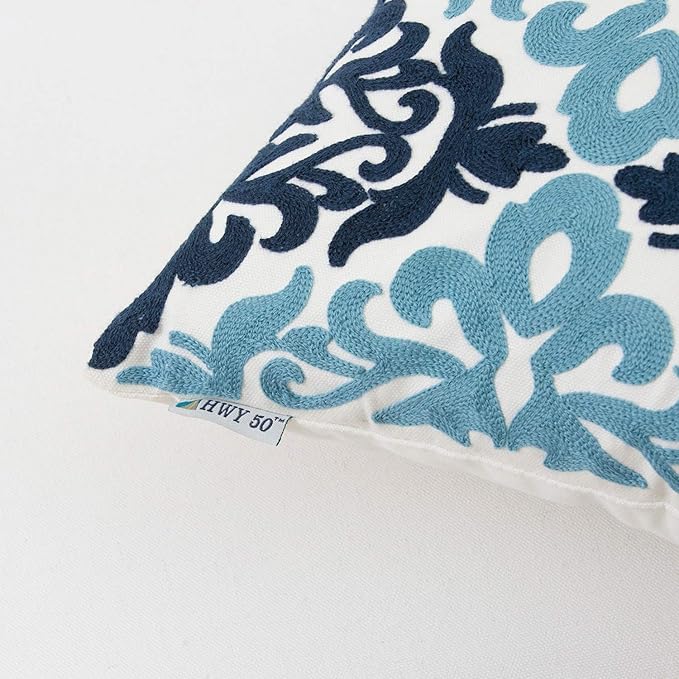 HWY 50 Blue Decorative Throw Pillow Covers 18x18 Inch (1 Piece), Embroidered Cotton Farmhouse Cushion Cover Pillow Case for Sofa Couch Living Room Bed Bedroon, Floral Geometric-Ruum Studio Home