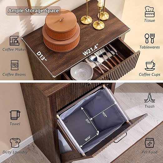 Modern Tilt-Out Trash Can Cabinet, 10 Gallon Fluted Laundry Hamper Cabinet with Drawers, Wooden Hidden Garbage Can Cabinets with Storage Basket, Free Standing for Kitchen and Living Room,Brown-Ruum Studio Home