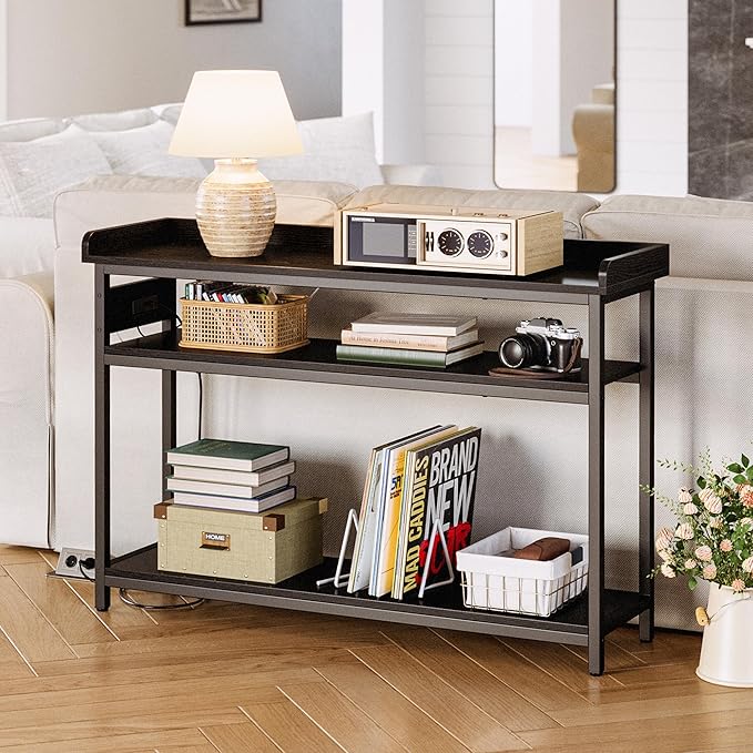 IRONCK Console Table, Sofa Table with Power Outlet, Farmhouse Hallway Table for Entryway, Living Room, Height Adjustable, Easy Assembly, Vintage Black, 43"-Ruum Studio Home