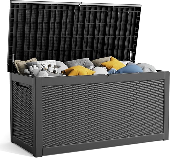 260 Gallon Resin Deck Box, Lockable Patio Outdoor Storage Box for Furniture, Garden Tools and Tools Storage, Waterproof Outside Storage Boxes - Black-Ruum Studio Home