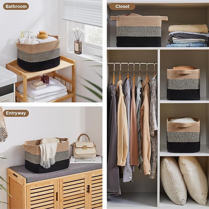 Storage Basket for Organizing, Woven Baskets for Storage, Rectangle Decorative Baskets for Shleves, Closet, Toys, Books, Nursery Organizer Bins - Pack of 3 (Black & Brown)-Ruum Studio Home