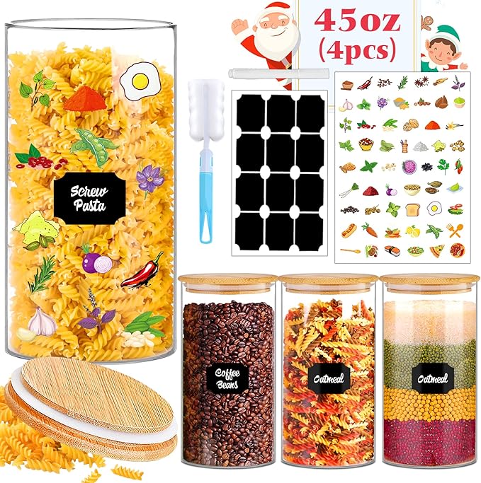 Glass Storage Jars 45 oz 4 Pcs Clear Glass Food Storage Containers with Airtight Bamboo Lid Stackable Kitchen Canisters for Candy, Cookie, Rice, Sugar, Flour, Pasta, Nuts-Ruum Studio Home