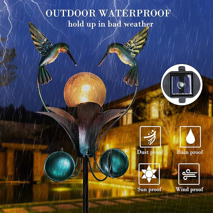 VCUTEKA Solar Lights Outdoor Metal Garden Stake Waterproof Crackle Glass Globe Garden Decor Hummingbird for Pathway, Lawn, Patio, Yard-Ruum Studio Home