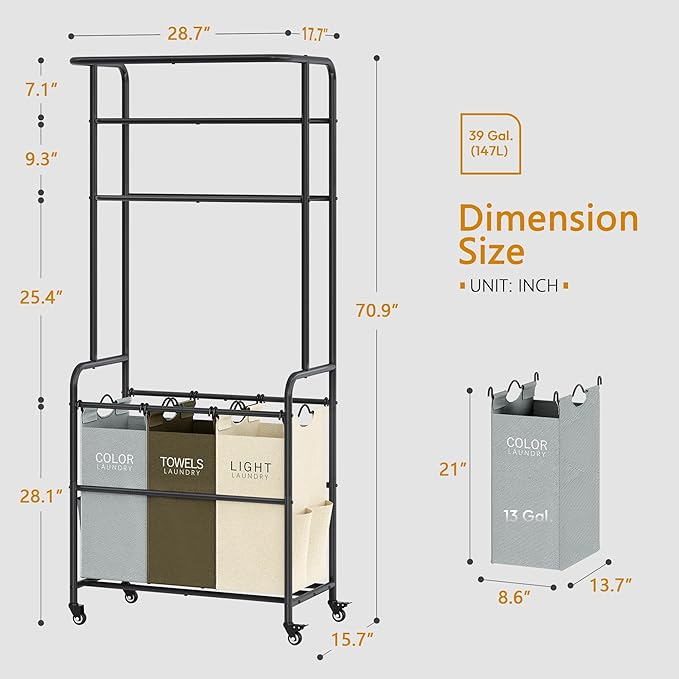 Laundry Sorter 3 Section,Laundry Hamper Cart with Hanging Rack & Removable Bags,Heavy Duty Laundry Basket Organizer with Wheels & 2 Tier Shelf,3 Colors-Ruum Studio Home