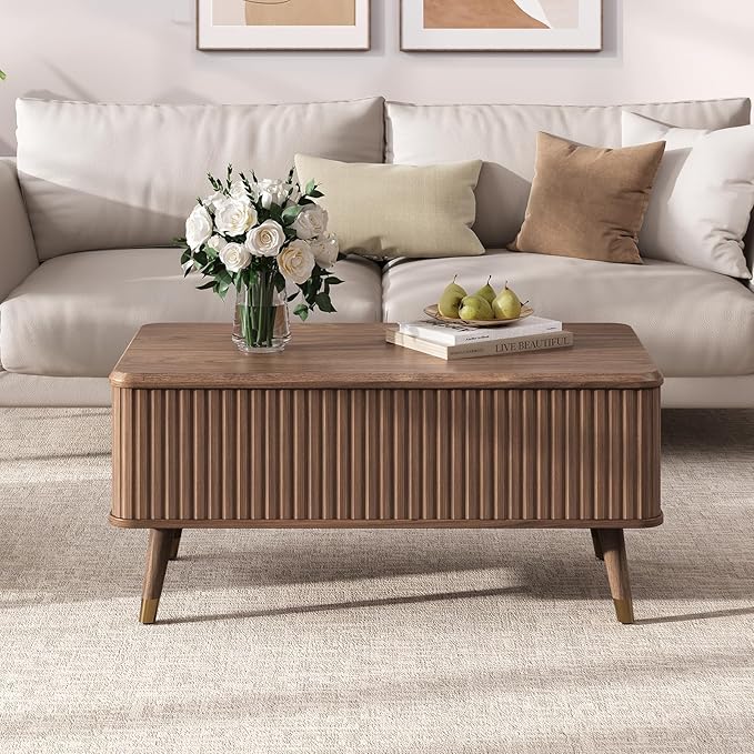 Lift Top Coffee Table with Storage,Mid Century Modern Coffee Table,Fluted Wood Rectangle Center Table for Living Room,Home Office,Walnut-Ruum Studio Home