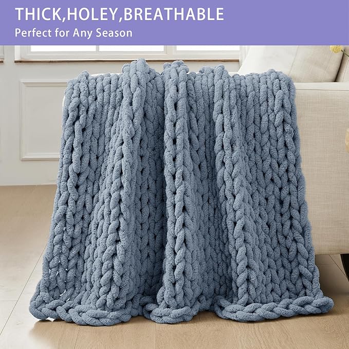 Bigacogo Chunky Knit Throw Blanket for Couch, 40x60 inches, 100% Hand Knitted with Thick Jumbo Chenille Yarn, Cozy Soft Large Rope Knot Cable Crochet Blankets for Sofa Bed Living Room, Cold Sea Blue-Ruum Studio Home