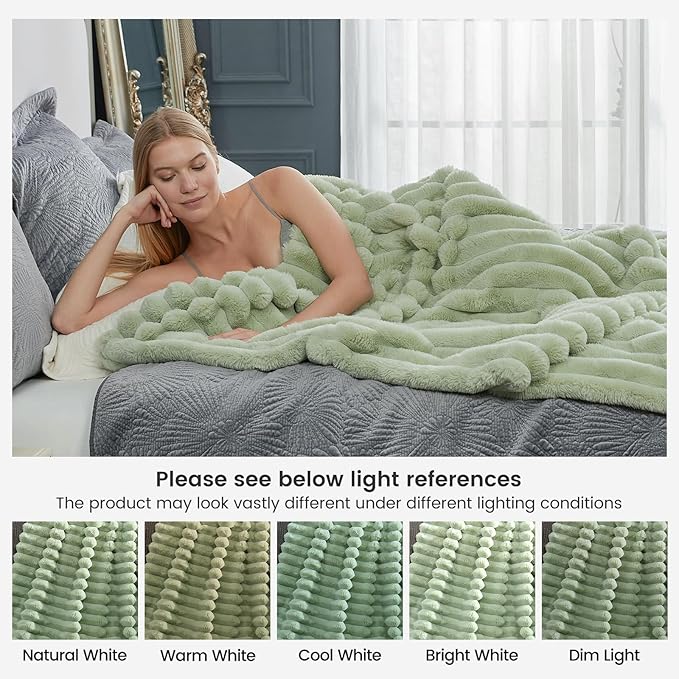Cozy Bliss Faux Fur Throw Blanket for Couch, Cozy Warm Plush Striped Blanket for Sofa Bedroom Living Room, 50 * 60 Inches Sage Green-Ruum Studio Home