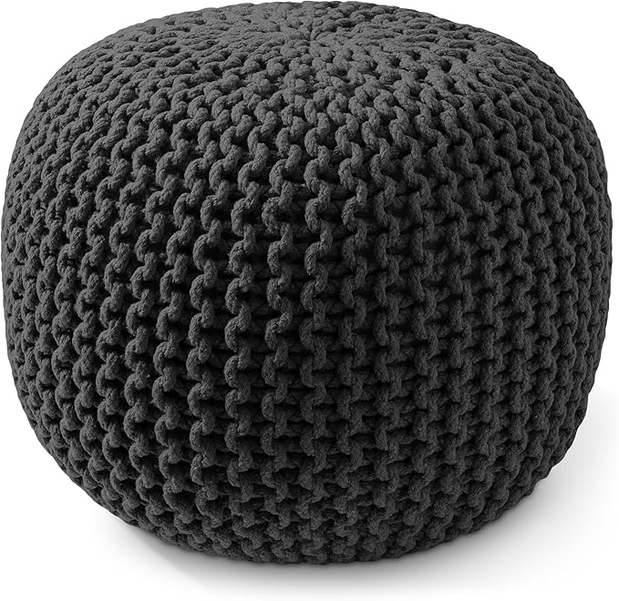 Casafield Round Pouf Ottoman, Black - 20" Diameter x 14.5" High Cotton Knit Foot Stool - Boho Floor Pouffe for Living Room, Bedroom, Home Office-Ruum Studio Home