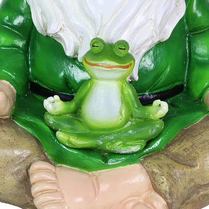 Exhart Solar Light-Up Meditating Gnome Statue w/LED Frog, Durable Resin Garden Décor, 8”x6.5”x10.5”-Ruum Studio Home