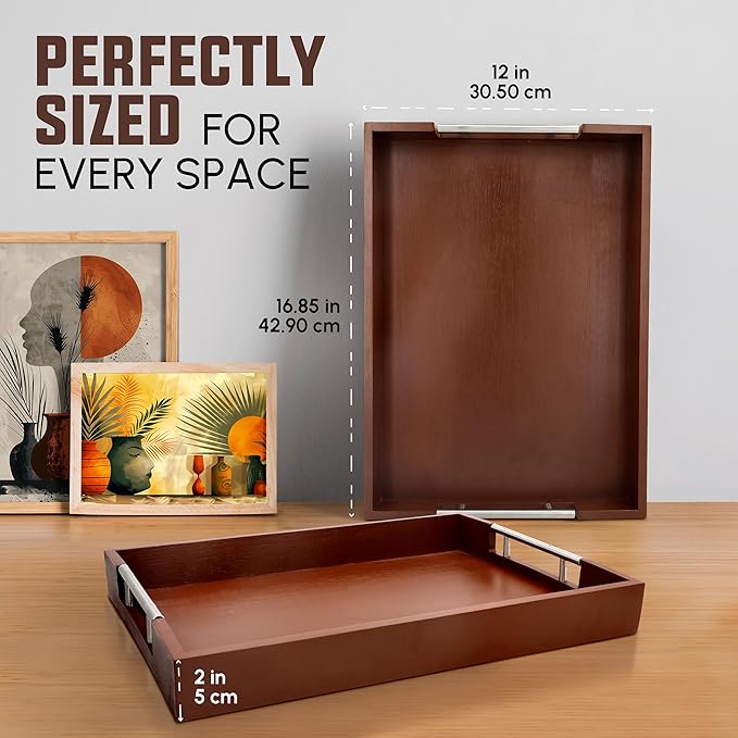 Acacia Wood Serving Tray with Handles - 17" x 13" Rectangular, Decorative Ottoman Tray for Living Room, Coffee Table, Breakfast in Bed, Candle Display-Ruum Studio Home