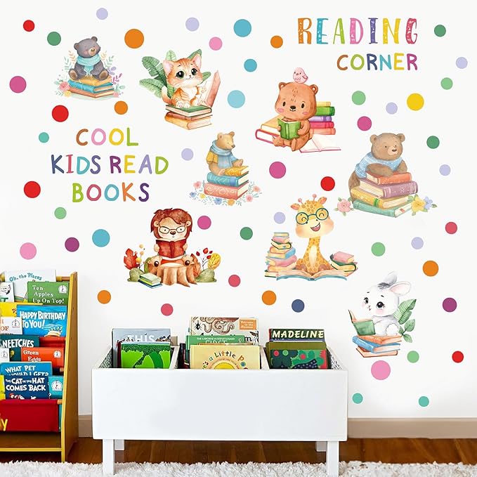Reading Corner Decor,Reading Books Wall Decals,Learning Study Wall Stickers,Cartoon Animals Window Decals,Giraffe Bear Rabbit Read Books Stickers for Toddler Nursery Bedroom Classroom School-Ruum Studio Home
