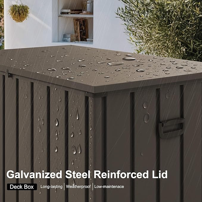 PURPLE LEAF Outdoor Deck Box 100 Gallon Waterproof Lockable Storage Box Container with Lid Deck Organization for Patio Cushions Side Table Pool Accessories Garden Tools, Brown-Ruum Studio Home