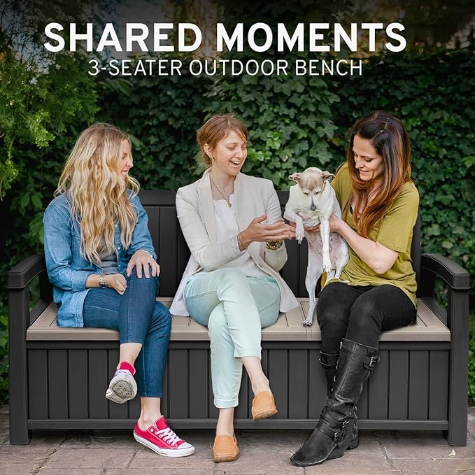 EconoHome 3 Seat Outdoor Storage Bench with Rain Cover - 90 Gallon Capacity - Weatherproof Resin Bench for Patio, Porch, Garden, Yard, Pool Area - Furniture for Pool Accessories, Gardening Tools-Ruum Studio Home