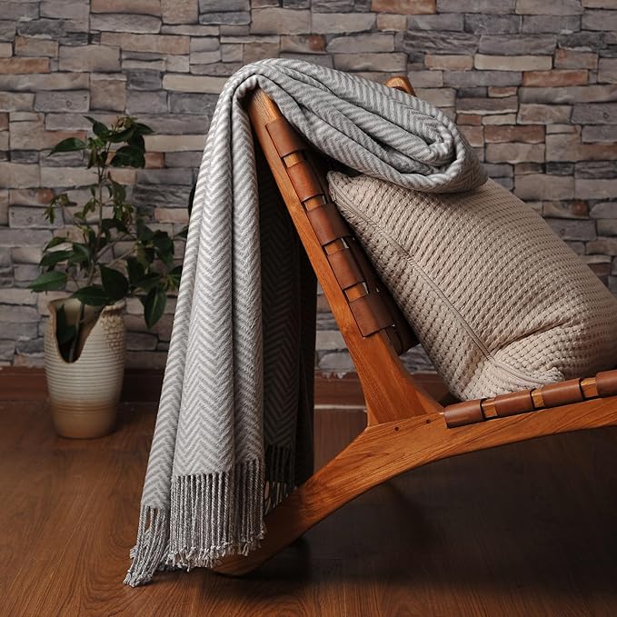 CUDDLE DREAMS Silk Throw Blanket with Hand-Knotted Fringe, Natural, Soft & Breathable (Herringbone Gray)-Ruum Studio Home