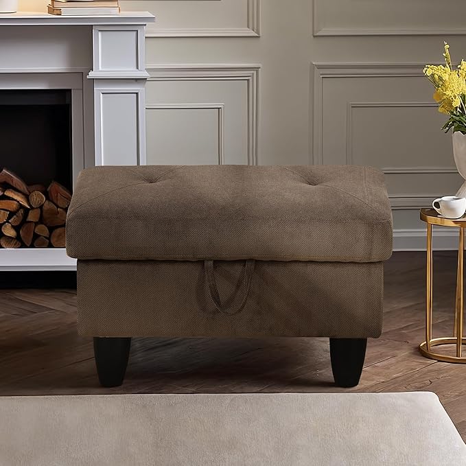 Ottoman Rectangular Storage Ottoman Bench, Flannel Footrest Stool Footstool with Lid for Living Room, Bedroom, Entryway, Dark Brown, 28.5"x19"x17.5"-Ruum Studio Home