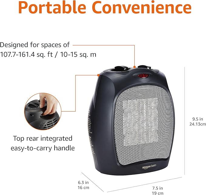 Amazon Basics Ceramic Space Heater, Portable Indoor Heating Solution, With Overheat and Tip-Over Protection, Thermostat, Non-Oscillating, 1500W, 7.52"D x 6.34"W x 9.45"H, Black-Ruum Studio Home