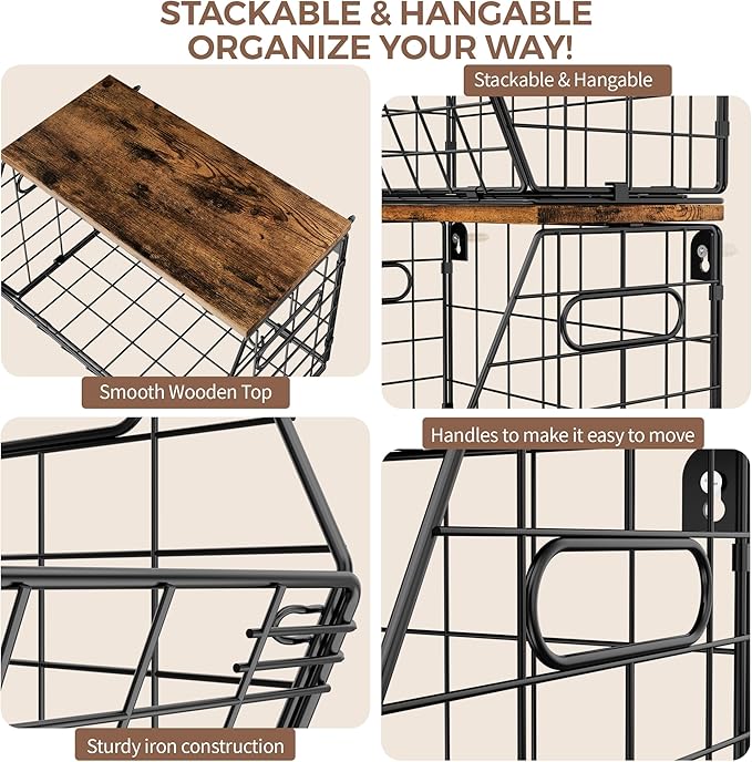 Delamu 2-Pack Stackable Metal Fruit Basket with Wood Lid-Wall Mounted & Countertop Organizer for Kitchen,Pantry- Ventilated Storage for Onions,Potatoes,Fruits,Spices (12"x 8"x 8-5/16")-Ruum Studio Home