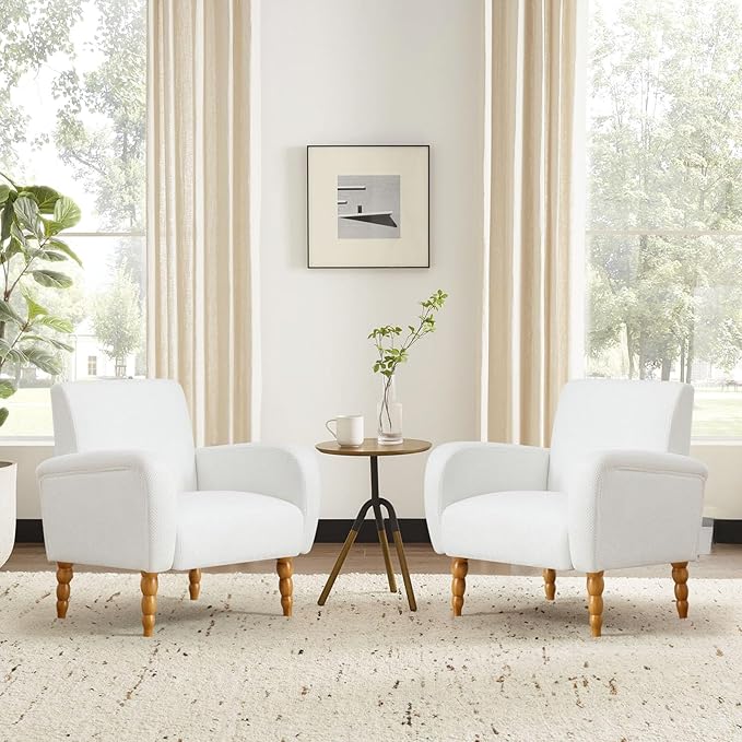 Chenille Fabric Accent Chairs Set of 2, Upholstered Armchair with Solid Wood Legs, Modern Living Room Accent Chair, Comfy Single Sofa Reading Club Chair for Bedroom Reception Lounge, White-Ruum Studio Home