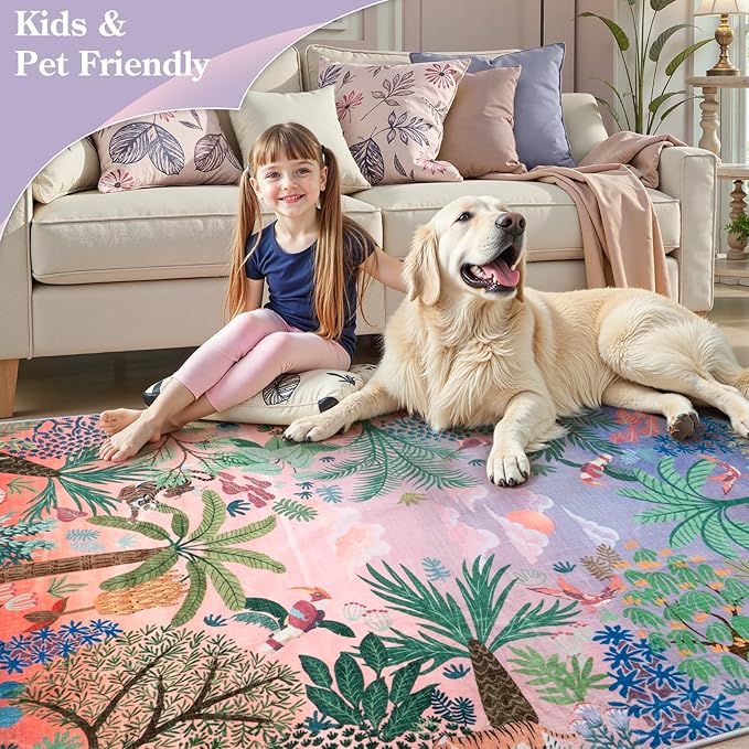 LIVEBOX Washable 6x9 Rug for Living Room, Soft Jungle Animal Print Rugs for Bedroom Aesthetic, Non Slip Purple Boho Rug Botanical Kids Rugs for Bedroom Girls,Stain Resistant Kid Rug for Playroom-Ruum Studio Home