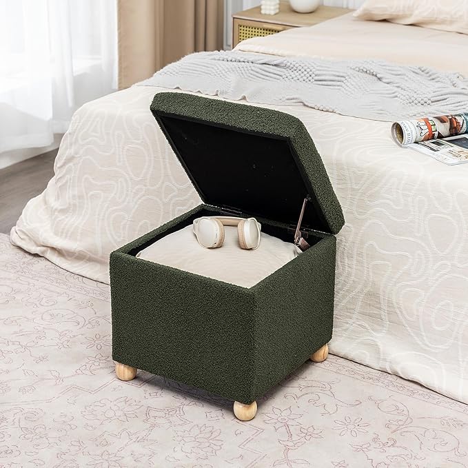 Adeco 17 Inch Soft Dark Green Cube Ottoman Storage, Teddy Velvet Chair Foot Stools, Upholstered Vanity Stool with Hinged Lid, Solid Round Wood Legs-Ruum Studio Home