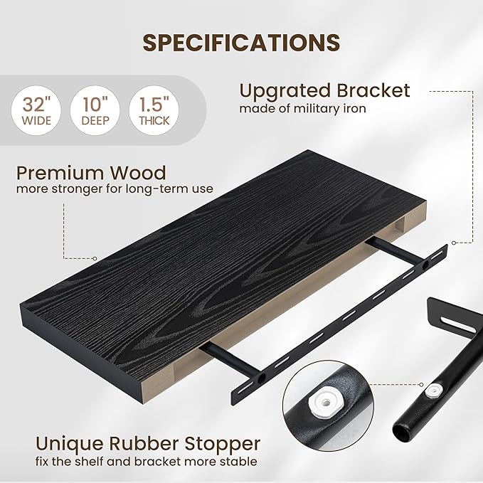 Fun Memories Floating Shelves for Wall, 32 Inch Long Floating Shelves Set of 2, 32 x 10 Wooden Shelves for Wall, Large Storage Shelves, Hanging Shelves for Bathroom Kitchen Bedroom, Black-Ruum Studio Home