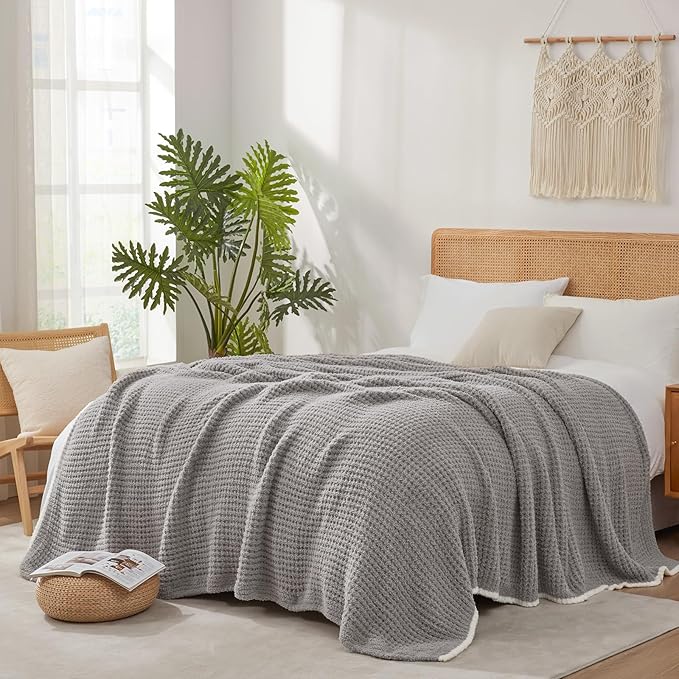 Snuggle Sac Soft Waffle Blanket, Grey Bedding Blankets Queen Size 90x90 inches, Reversible Microfiber Fluffy Fuzzy Grey Blanket Cozy Knit Blanket for Women Mothers Birthday Gifts-Ruum Studio Home