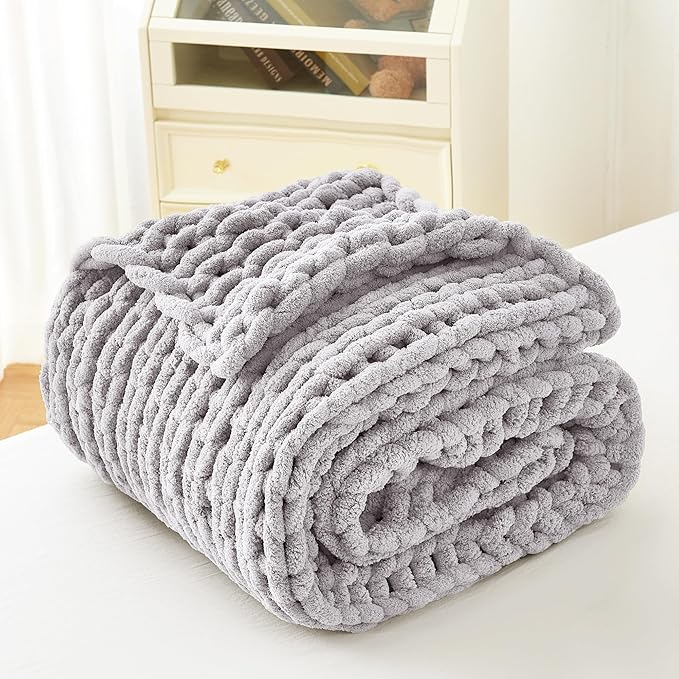 Admitrack Chunky Knit Blanket Throw, 100% Hand Knit Chenille Throw Blanket for Sofa & Home Decor, Soft and Cozy Knitted Throw Blankets (Light Gray，51"x63")-Ruum Studio Home