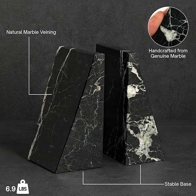 Bey-Berk Black Zebra Marble Bookends, Black ? 7.25" Tall, White Veins, Heavy-Duty Triangular Stone Book Stopper-Ruum Studio Home