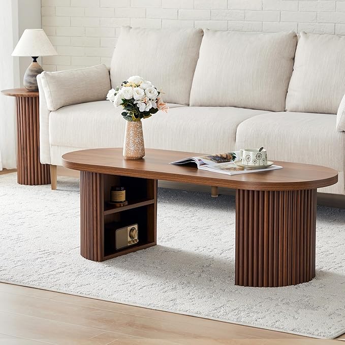 Oval Fluted Coffee Table, 47" Farmhouse Wood Coffee Table Mid Century Modern Center Table Boho Living Room Tables for Living Room Office,Walnut-Ruum Studio Home