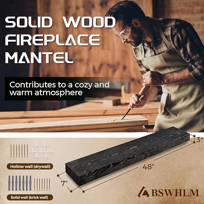 48x7x3 Fireplace Mantel - Solid Rustic Wood - Wall Mounted Floating Shelf with Invisible Heavy Duty Steel Bracket (Weathered Black)-Ruum Studio Home